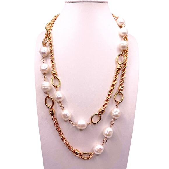 Bronce Italy Necklace Gold Tone with Baroque Pearls Extra Large 34 inches - Picture 1 of 6